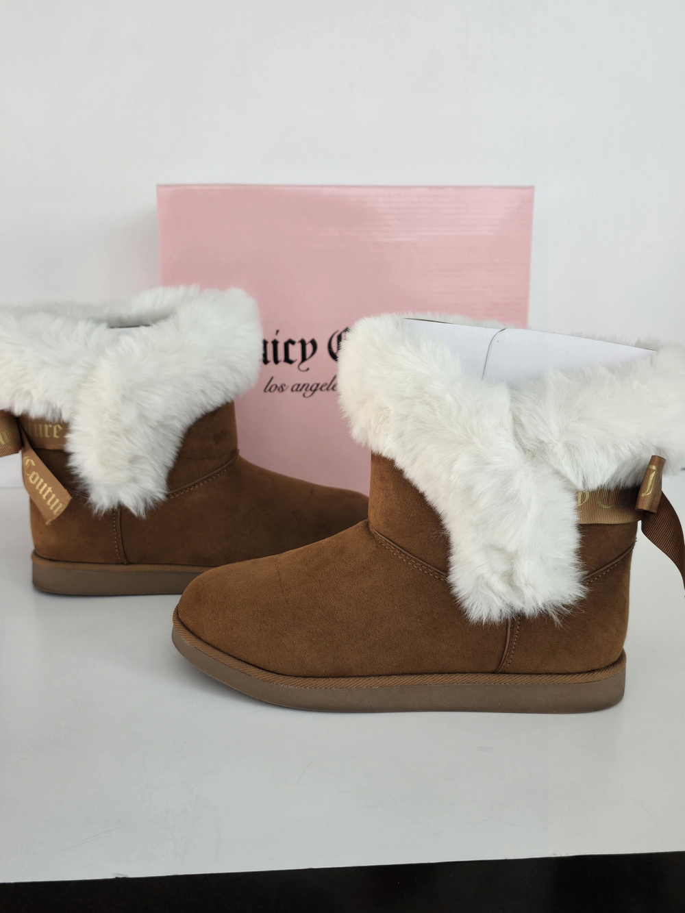 Juicy Couture Tan Faux-Suede Boot with White Faux-Fur Cuff